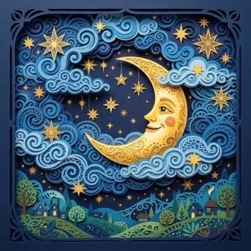 Intricate paper art showing crescent moon and stars.