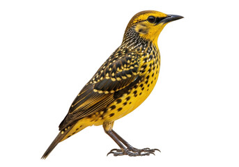 Fototapeta premium A beautiful small spotted yellow and black bird standing on a simple surface isolated on transparent background