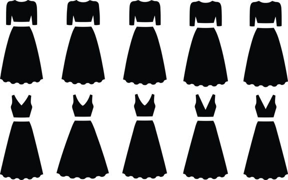Elegant Women Dress Silhouette Vector Collection Featuring Long Sleeve and Sleeveless Fashion Styles Isolated on White Background for Apparel Design