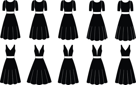 Elegant Women Dress Silhouette Vector Collection Featuring Short Sleeve and Sleeveless Fashion Styles Isolated on White Background for Design