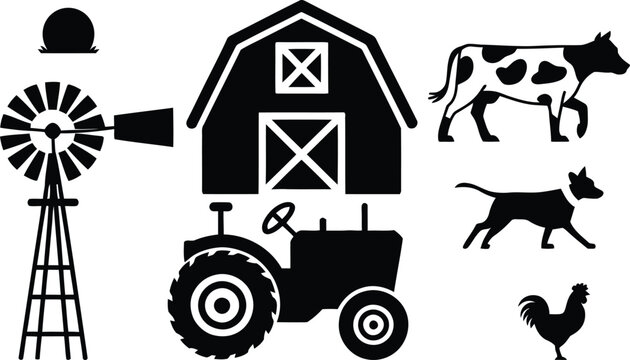 Farm Agriculture Equipment and Livestock Black Silhouette Icon Set, Barn Tractor Windmill Cow Dog Rooster Rural Farming Vector Collection Illustration