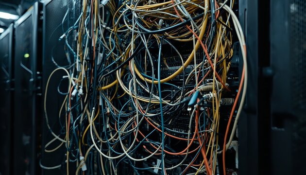 Messy cable management in server rack cabinet with chaotic tangled network ethernet wires in data center