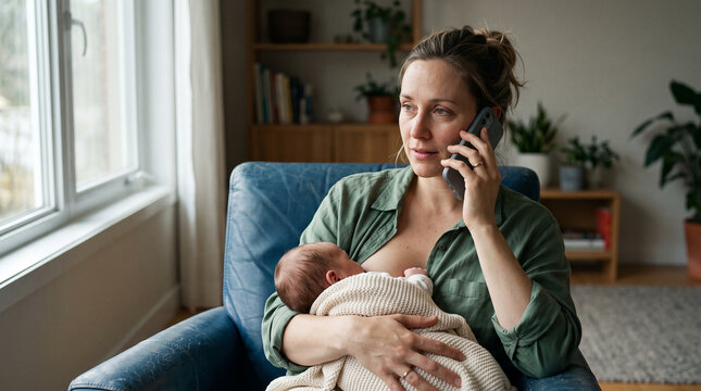 Mother taking work call while breastfeeding. Working mom multitasking at home with baby, casual and relaxed setting.