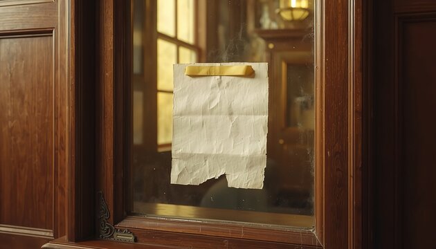 Blank crumpled vintage paper note taped with adhesive tape on dark wooden glass window frame for copy space mockup