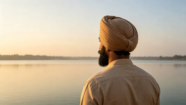 Back view of person wearing Sikh turban by tranquil lake, spirituality and tradition concept
