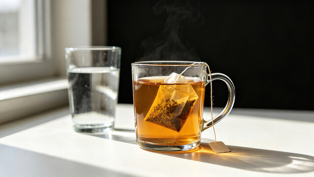 Tea bag steeping in glass of water with amber diffusion, herbal derivation and infusion concept
