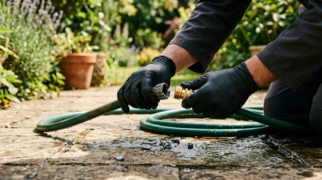 Person Connecting Brass Threaded Connector to Green Rubber Garden Hose