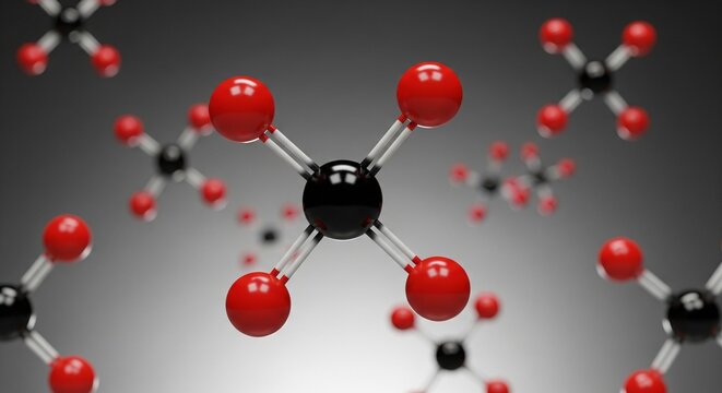 3D molecular model of methane molecule with black carbon and red hydrogen atoms floating against gradient background =