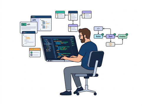 Software developer working on full stack web application with floating digital screens showing api documentation database schema and deployment pipeline workflow