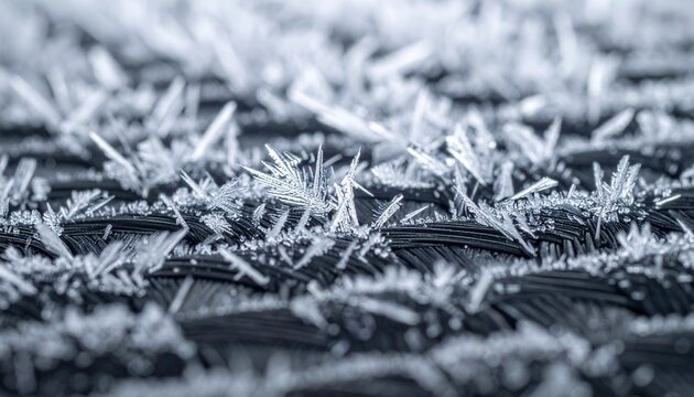 Macro ice crystals hoarfrost pattern on dark textured surface abstract winter background