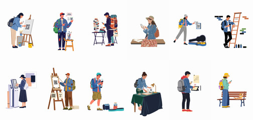 Fototapeta premium Illustrations of diverse people using QR codes for digital payments, tipping street performers, and cashless transactions in various modern lifestyle scenarios.