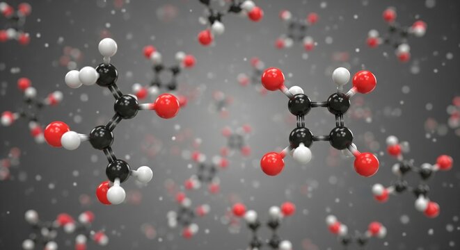 3D molecular models of organic molecules such as acetic acid floating in soft focus with bokeh effect