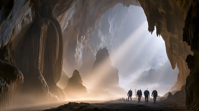 Explorers with headlamps walking through a massive cave with stalactites
