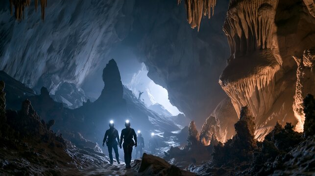 Explorers with headlamps walking through a massive cave with stalactites