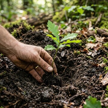 Hand planting a green oak seedling in dark soil.