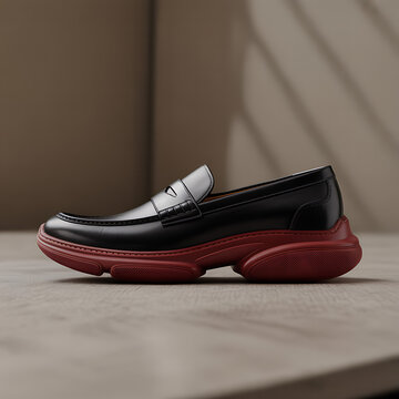 Black leather loafer with chunky red sole on wooden floor with shadow black loafer chunky sole