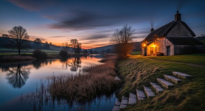 Tranquil Lakeside Cottage Aglow At Dusks Serene Dusk Ambiance Of A Rural Retreat