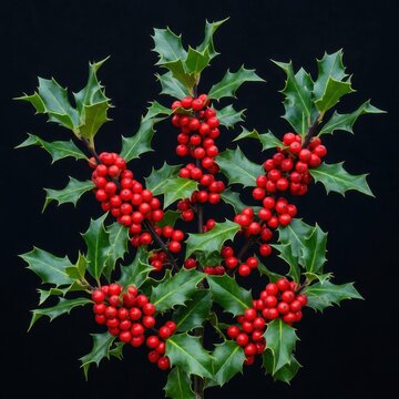 Holly branch with red berries on black background.