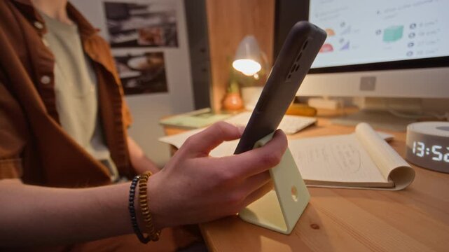 Hands of unrecognizable student using smartphone on stand at desk with computer monitor in background. Video is ideal for promoting educational apps, online learning platforms, or productivity tools