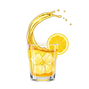 Glass of fresh lemon juice with ice cubes and splash isolated on transparent background