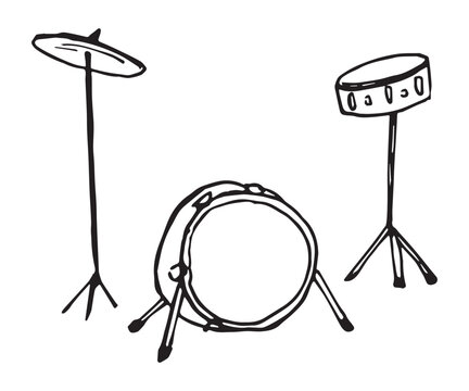 Drum set hand drawn illustration, cymbal bass drum kit line doodle, musical instrument sketch isolated on white, vector art