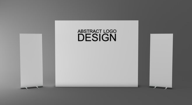 Modern exhibition display featuring two roll-up banners and a blank central wall mockup, ideal for branding, advertising, trade shows, exhibitions, and promotional displays.