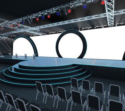 Empty meeting event scene, party scene design. Empty stage design for mockup and corporate identity, display. Platform elements in hall.