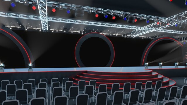 Empty meeting event scene, party scene design. Empty stage design for mockup and corporate identity, display. Platform elements in hall.