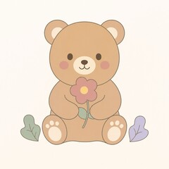 Fototapeta premium Cute Pastel Bear Holding Flower Minimalist Nursery Illustration