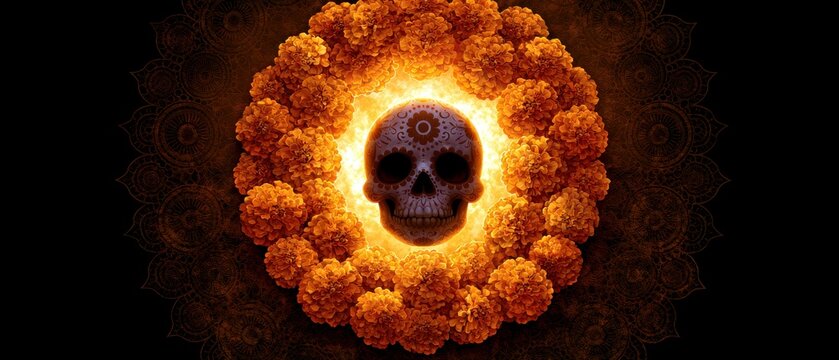 Illuminated Floral Halo Surrounding Ceremonial Sugar Skull