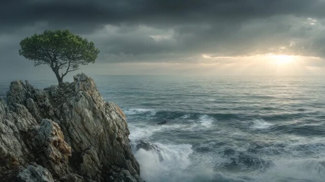 Dramatic Seascape Featuring a Solitary Tree on a Rugged Cliff