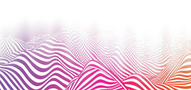 Vector vibrant gradient wavy parallel lines with halftone transition design on white background. Distorted stripe pattern, dotted line art, abstract mesh.