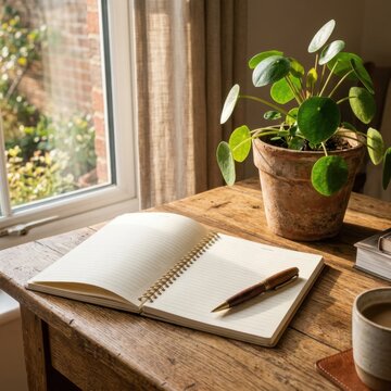 Home office desk with open notebook and green plant.