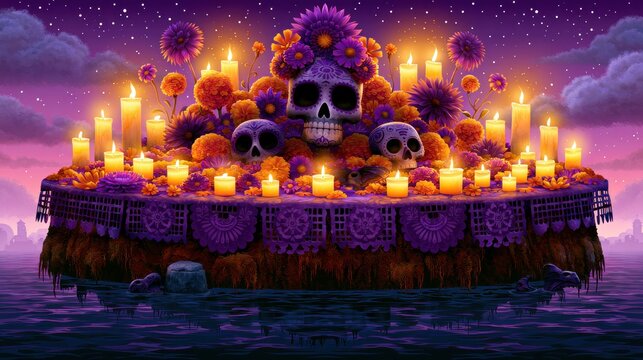 Floating Memorial Altar Illuminated by Candles and Marigolds