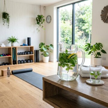 Home yoga studio with herb water and gym mat