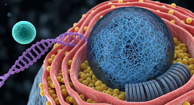 3D render of a cell nucleus with DNA endoplasmic reticulum and vesicles microscopic biology