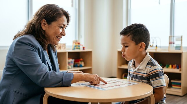 Female speech therapist guiding young boy in articulation exercises(speech therapy)  using mouth chart in clinic