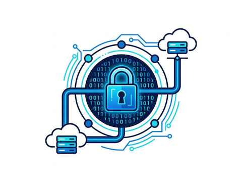 Cybersecurity data encryption concept featuring glowing padlock and cloud servers for secure network infrastructure in blue digital style for business protection
