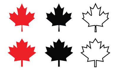 Fototapeta premium Set of red black and outline maple leaves icons for canadian flag and nature design projects isolated on transparent background, Vector