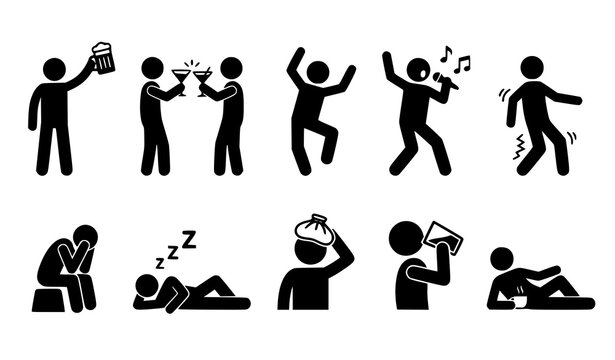 Black stick figure nightlife icon set showing party drinking dancing singing stumbling hangover and sleeping poses vector illustration