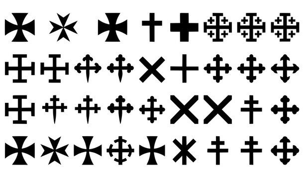 Christian cross symbols collection with maltese templar jerusalem gothic and orthodox cross shapes black icon set vector illustration