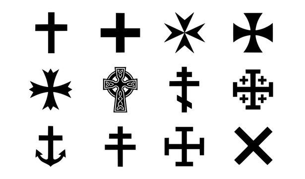 Christian cross icons collection with celtic orthodox anchor maltese jerusalem and templar cross shapes black vector illustration set