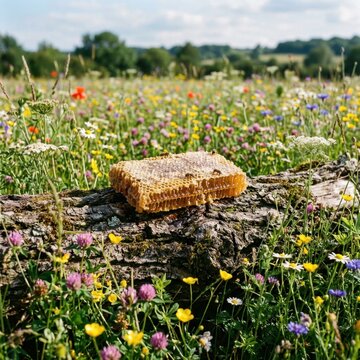 Honeycomb on old log in wildflower meadow.
