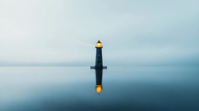 Solitary Lighthouse Shining Across Calm Ocean at Blue Hour