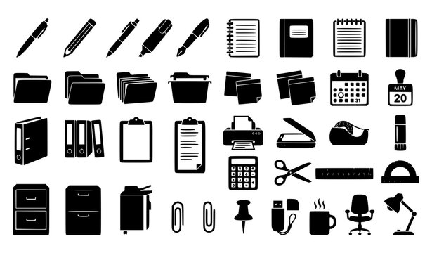 Office equipment stationery icon set with folder binder printer scanner filing cabinet calculator ruler and desk supplies vector