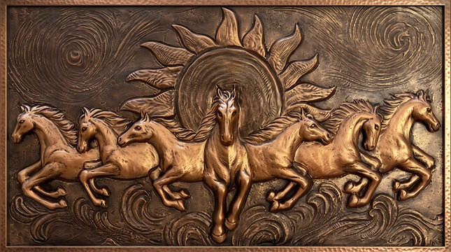 Bronze Seven Running Horses Relief with Rising Sun &ndash; Luxury Metal Wall Art Decorative Panel