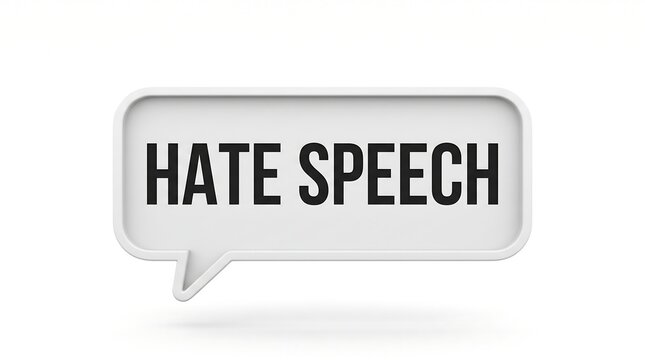 Hate speech text in white 3D speech bubble, social media toxicity concept, online harassment and verbal abuse icon on white background