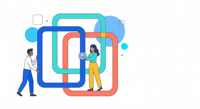 Business Synergy and Structure Concept with People Arranging Interlocking Frames Vector Illustration