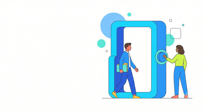 Business Opportunity and Portal Concept with Man Walking Through Large Door Opening Vector Illustration