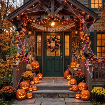 House porch decorated with pumpkins and Halloween autumn decor.